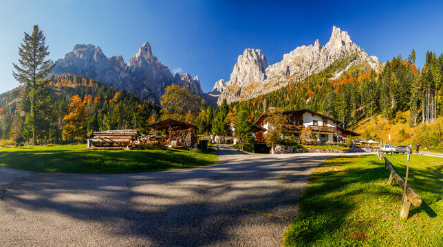 Scenic autumn alpine landscape of Pale di San Martino Group, Dolomites, Italy, Europe	