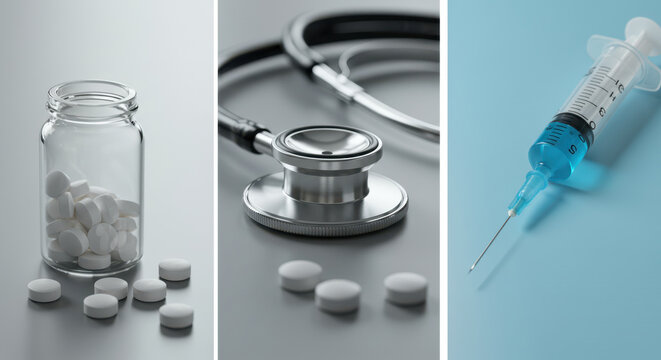 Medical equipment and medication for healthcare on neutral background
