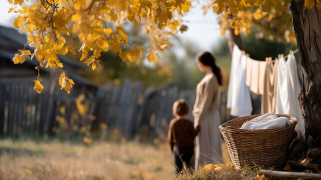 Mother and young child hanging clean laundry on clothesline in rustic autumn yard, cozy countryside house in background, wooden fence and golden-yellow leaves around, wicker basket
