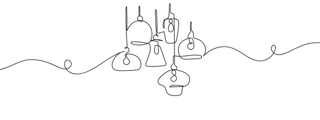 Set of hanging lamps, one continuous line, hand drawn doodle single line art drawing vector illustration strokes can be edited.
