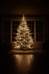 Christmas tree illuminated with warm lights in a cozy living room setting