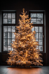 Festive Christmas tree with warm lights in a cozy, elegant interior setting