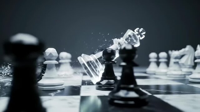 Strategy: Resilient crystal chess king, breaking and reforming, drives business leadership, tactical planning, and victory in competition on the board.