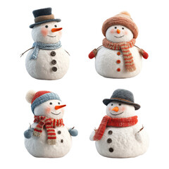 An assortment of four happy snowmen wearing cozy knitted hats scarves and mittens for the holiday season, isolated on transparent background, perfect cutout, PNG
