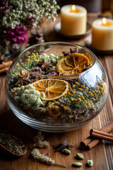 Aromatic display of dried orange slices, spices, and candles on wood