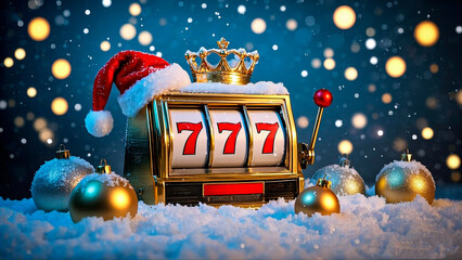 Hit the jackpot this Christmas season with lucky sevens slot machine and shiny ornaments, perfect for holiday promotions and festive campaigns