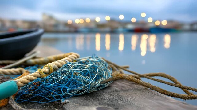 Defocused morning light reflecting on tangled fishing nets and wooden pier textures, faceless tranquil harbor in distance, with copy space