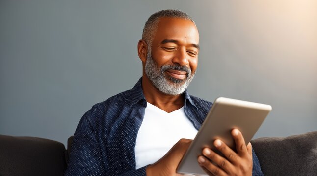 Happy indian mature man holding digital tablet with a smile while relaxing on a couch in a cozy setting