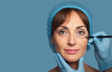 Woman undergoing aesthetic surgery consultation with markings on her face, professional setting, attentive care, and safe procedure preparation