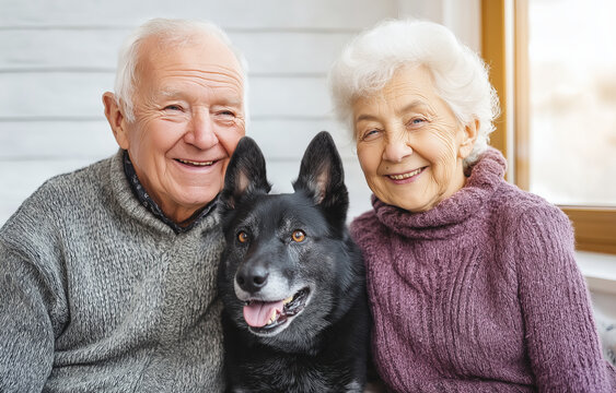 A joyful scene shows an elderly couple smiling with their newly adopted dog, creating a heartwarming family moment indoors - Powered by Adobe