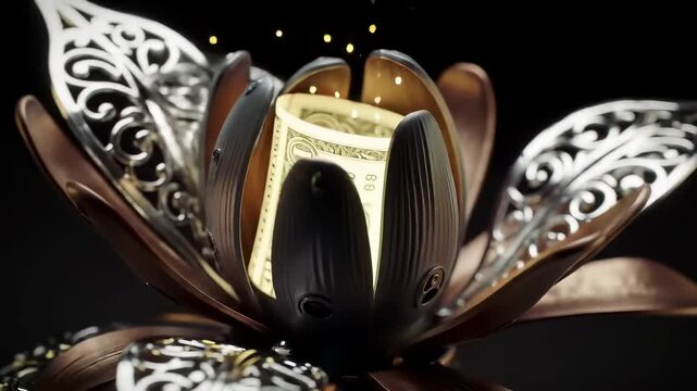 The first dollar earned elegantly emerges from an ornate mechanical blossom, symbolizing initial financial success, money growth, and future prosperity.
