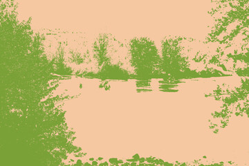  Modern illustration with a vintage and retro style. Pink and green illustration of reflection of trees in the lake with canoe. Landscape with forest and vast river. Modern illustration of nature.