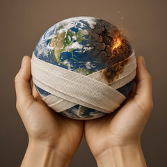 Human hands hold planet Earth, scarred with burnt areas and fire marks. Wrapped in bandages. A powerful image of ecological anxiety, responsibility, and hope for recovery.