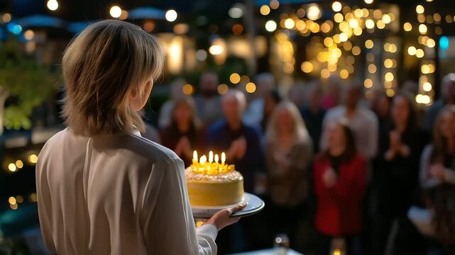 Back turned celebrant facing focused cake with glowing candles and blurred festive crowd with bokeh lights, with copy space