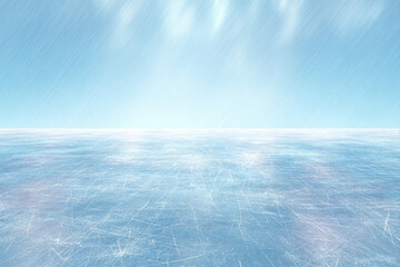 Ice rink scratched surface with realistic texture. Empty light blue background, horizontal hd banner. Vector template for hockey, figure skating or curling illustration, winter sport design, print.