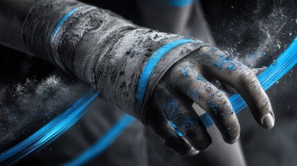 Close-up of a Hand Wrapped in Tape With Paint Splashes, Showcasing Strength and Determination in a Dynamic Environment