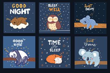 Cute sleeping animals under a starry night sky.Adorable nursery wall art collection for babies and kids.Perfect for bedtime themes,baby room decor,posters,books and childrens illustrations.