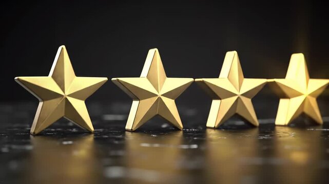 5-Star Rating for Excellence: Golden Stars Dropping on a Dark Reflective Surface, Symbolizing Premium Quality, Positive Customer Feedback, Reviews, Success, and Awards.