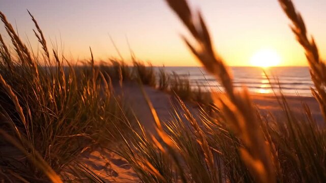 Golden sunset illuminates a peaceful beach path through tall dune grass.