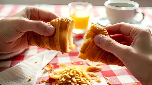 Hands tearing apart a flaky croissant with breakfast items in the background