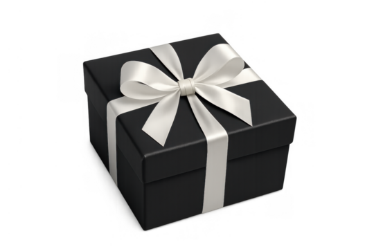 Black gift box with white satin ribbon and bow, representing celebration, birthday, surprise, and luxury, transparent background