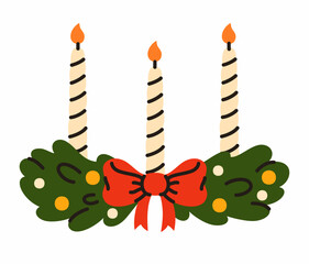 Christmas branch with candles. Flat vector illustration.