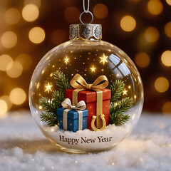 A festive glass ornament with New Year gifts, green fir branches, golden stars, and a horseshoe — a symbol of luck and anticipation of magic. Text “Happy New Year