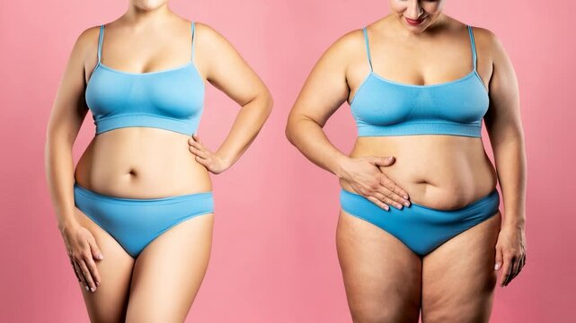 Woman's body before and after weight loss on pink background, plastic surgery concept
