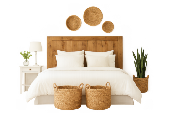 Boho rustic bedroom decor creating a cozy relaxing space with natural elements, transparent background