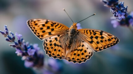 Obraz premium Fritillary butterfly with spotted orange wings resting on purple lavender performing pollination in summer