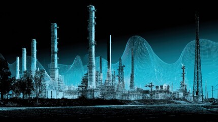 Blue Digital Rendering Showing a Large Oil Refinery Complex With Geometric Lines and Tall Smokestacks