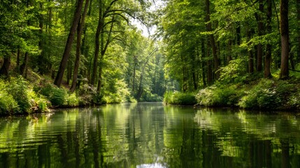 Lush green forest reflecting in a calm river, creating a serene natural landscape with summer light