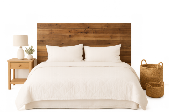 Bedroom scene presenting comfortable bed, side table, decor, and storage baskets, offering a calm and cozy home interior concept