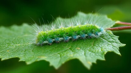 Naklejka premium Green caterpillar with white spiky hair and blue false legs moving slowly on a fresh green leaf in nature