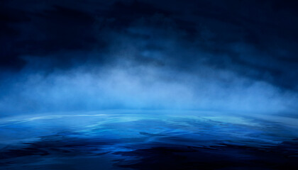 Dark night scene over water, fog over dark ocean water, dark surface, neon light, reflections on the water. Fantasy night water scene.