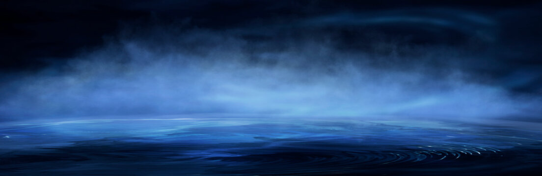 Fototapeta Dark night scene over water, fog over dark ocean water, dark surface, neon light, reflections on the water. Fantasy night water scene.