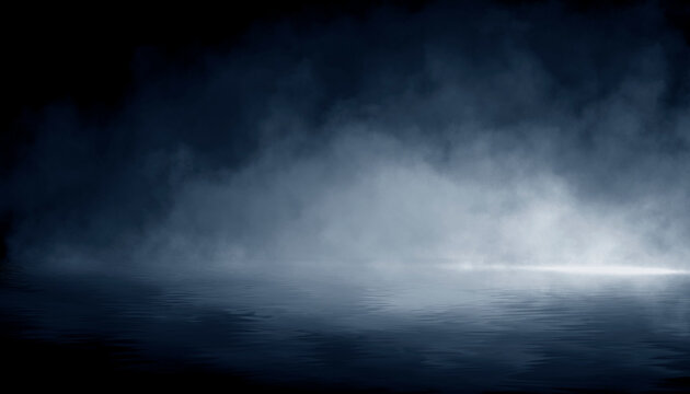 Dark night scene over water, fog over dark ocean water, dark surface, neon light, reflections on the water. Fantasy night water scene.