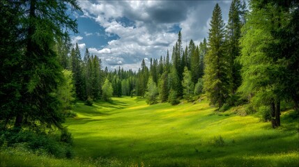 Sunlit meadow covered in green grass and wildflowers, bordered by tall pine trees and a forest, symbolizing growth and peace