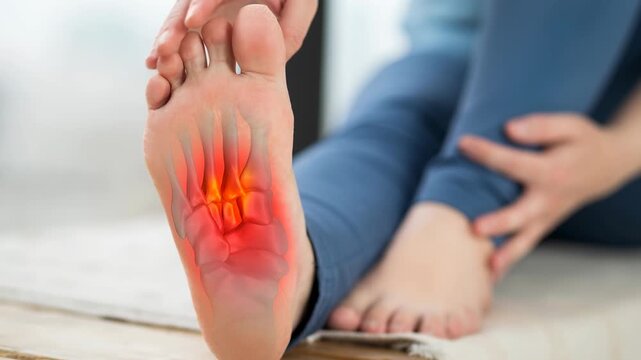 Joint diseases, hallux valgus, plantar fasciitis, heel spur, woman's leg hurts, pain in the foot, massage of female feet at home, health problems concept