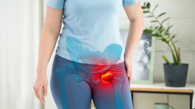 Hip joint dislocation, woman suffering from osteoarthritis and pain at home, health problems concept