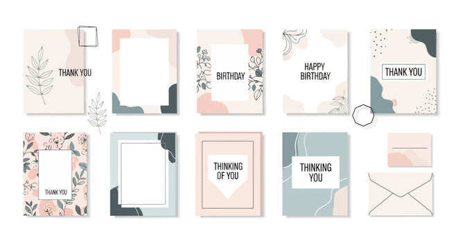Set of Decorative Thank You Cards with Floral and Minimalist Designs.
