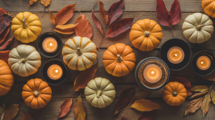 Single orange pumpkin on wooden table autumn Halloween decoration