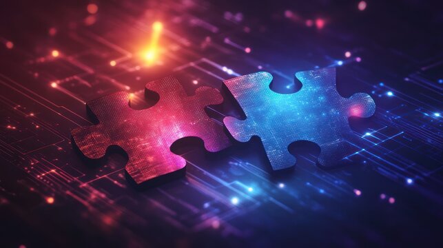 Digital Puzzle Pieces Connecting in Futuristic Network