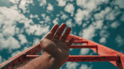 Hand Reaching Towards A Red Ladder Against A Bright Blue Sky
