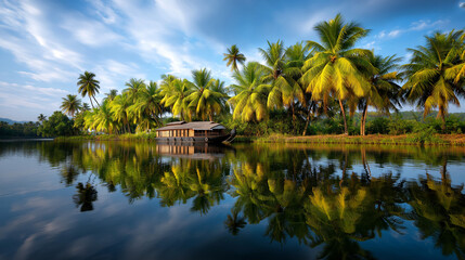 Obraz premium Backwaters houseboat drifting past coconut palms, golden reflection, India, Kerala backwaters, houseboat, lagoon, travel, slow life, tropical, landscape, with copy space
