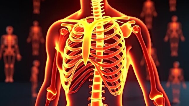 Ribcage: skeletal anatomy, thoracic bones, medical illustration, human skeleton, bone structure, chest anatomy, detailed rendering, anatomy education, human ribcage structure, educational model
