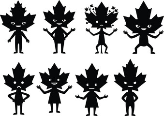 Cartoon maple leaf characters, Canada symbol, cute mascot design, emotional expression, nature illustration, cultural identity, foliage art, creative concept, diversity, fun