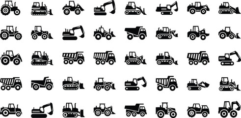 Construction and agricultural vehicle silhouettes, tractors, bulldozers, excavators, dump trucks, loaders, heavy machinery icons, industrial equipment, farming, building site © NAIMUR