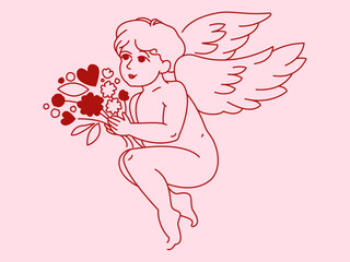 A charming Cupid holding a bouquet of flowers. A boy with angel wings. A whimsical vector illustration on a pink background. Line art for design. Romantic atmosphere.