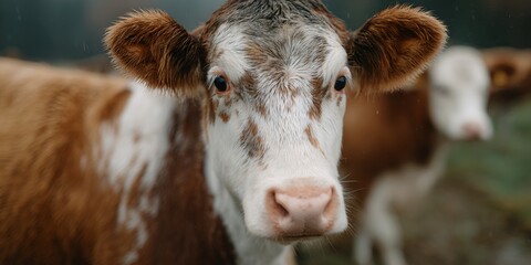 Cow with a white face and brown spots is looking at the camera